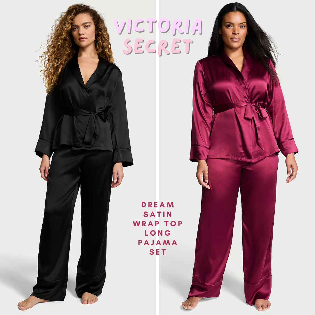 VICTORIA SECRET Dream Satin Wrap Top Long Pajamas Set
