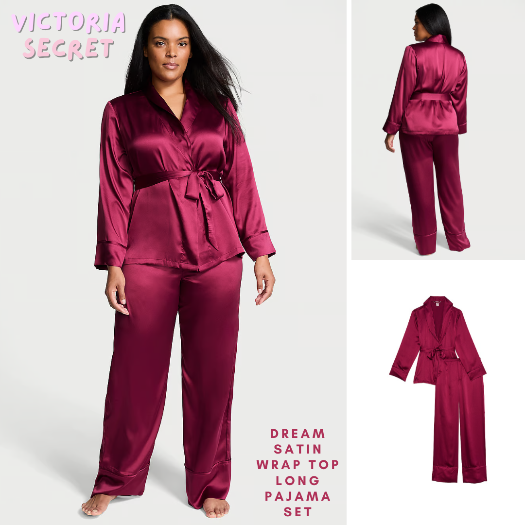 VICTORIA SECRET Dream Satin Wrap Top Long Pajamas Set