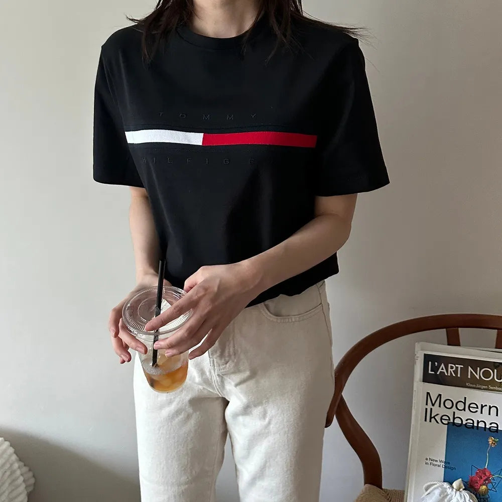 TOMMY HILFIGER Embroidered Flag Stripe Logo T Shirt  7849807R